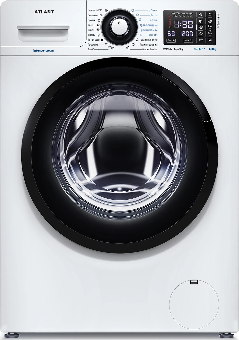 1437572495325742.jpg Стандартная стиральная машина Атлант СМА 80С1214-СA-02 автоматическая, с технологией обработки паром, загрузка до 8 кг, отжим 1200 об/мин, класс A+++, 18 программ — изображение 1