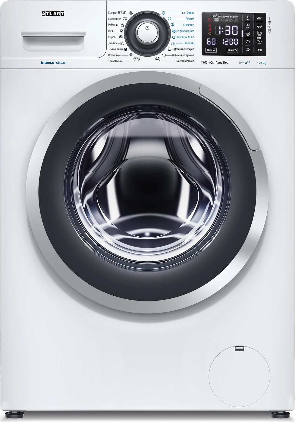 189183439484318.png Узкая стиральная машина Атлант СМА 70У1214-СA-01 автоматическая, с технологией обработки паром, загрузка до 7 кг, отжим 1200 об/мин, класс A++, 18 программ — изображение 1